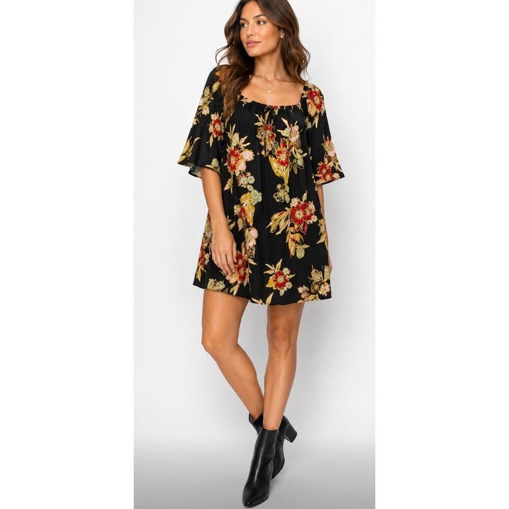 Free People M Black Floral Boho Mini Dress Open Back Bell Sleeve Cotton